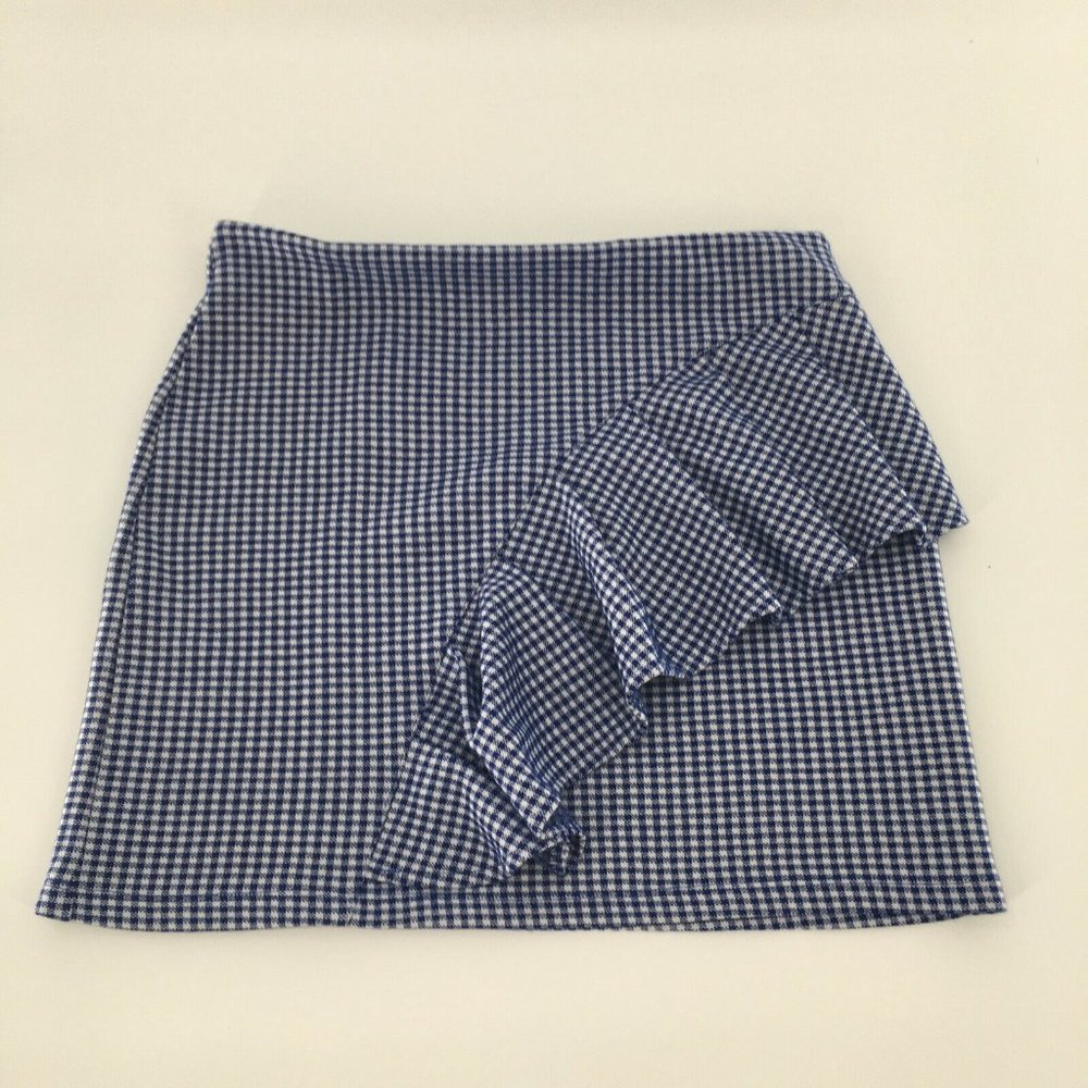 Topshop  Women’s Gingham Ruffle Mini Skirt Ponte Knit Blue And White Size: 6